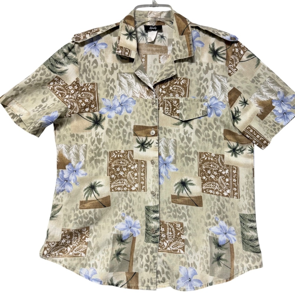 Tapestry Womens Short Sleeve Tropical Patchwork Safari Camp Shirt Khaki Medium